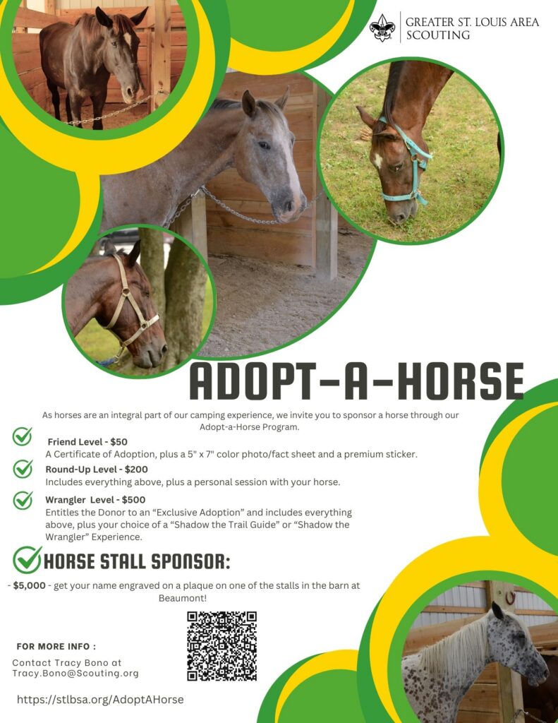 Adopt-A-Horse flyer listing Friend Level $50, Round-Up Level $200, Wrangler Level $500 and Horse Stall Sponsor $5,000